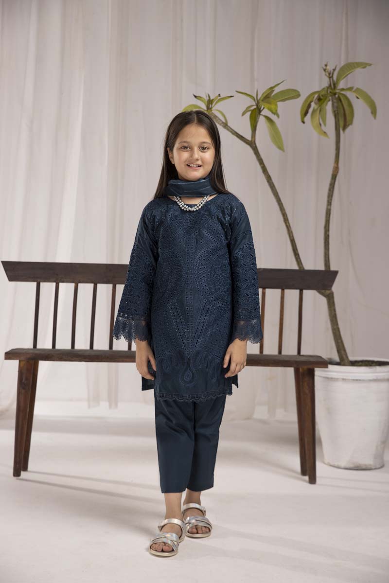 Maria B Inspired Girls Teal Chikan Kari Mummy & Me Eid Outfit - Desi Posh