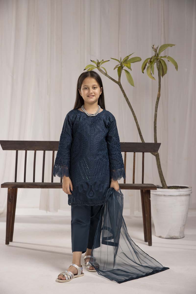 Maria B Inspired Girls Teal Chikan Kari Mummy & Me Eid Outfit - Desi Posh