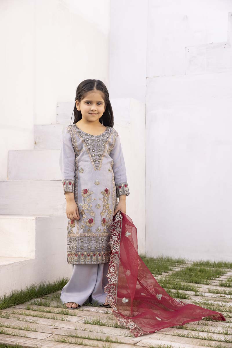 Simrans Organza Mummy & Me Kids Eid suit Grey - Desi Posh