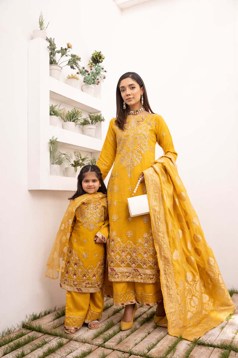 Simrans Organza Mummy & Me Kids Eid suit Mustard - Desi Posh