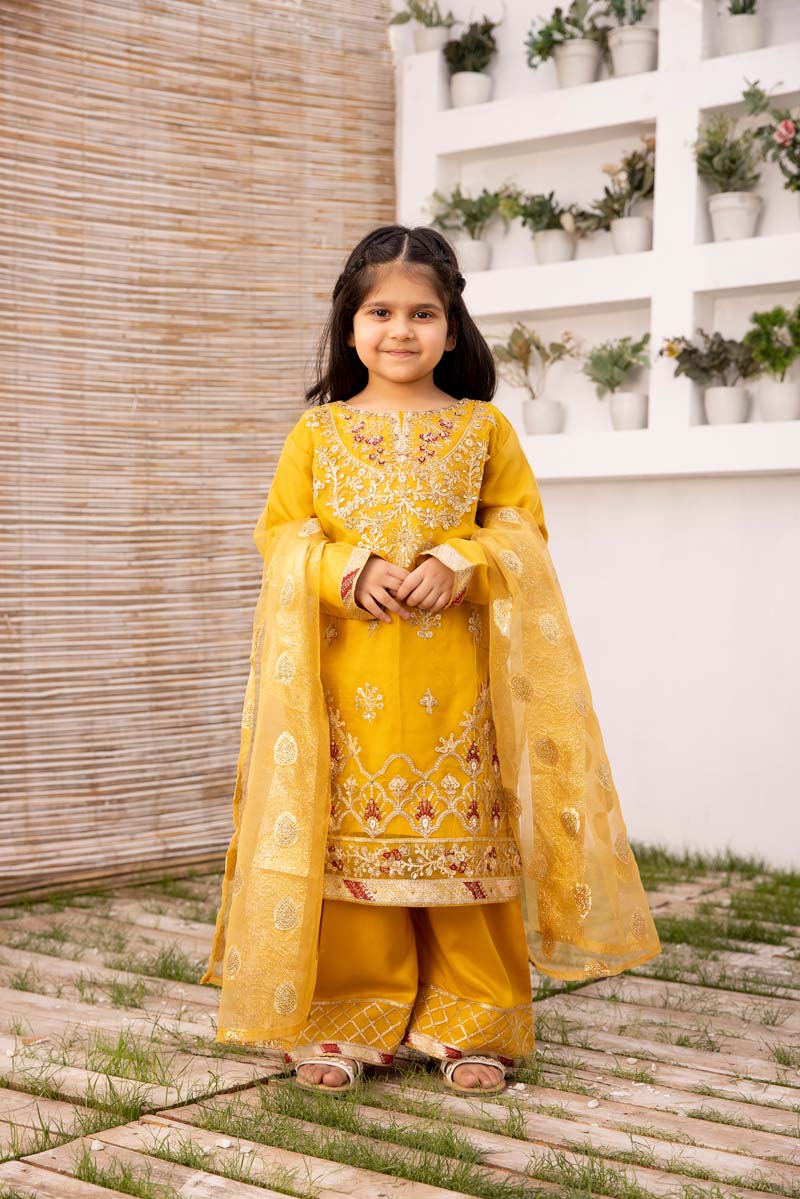 Simrans Organza Mummy & Me Kids Eid suit Mustard - Desi Posh