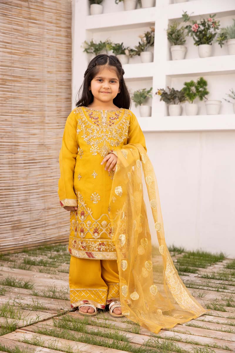 Simrans Organza Mummy & Me Kids Eid suit Mustard - Desi Posh