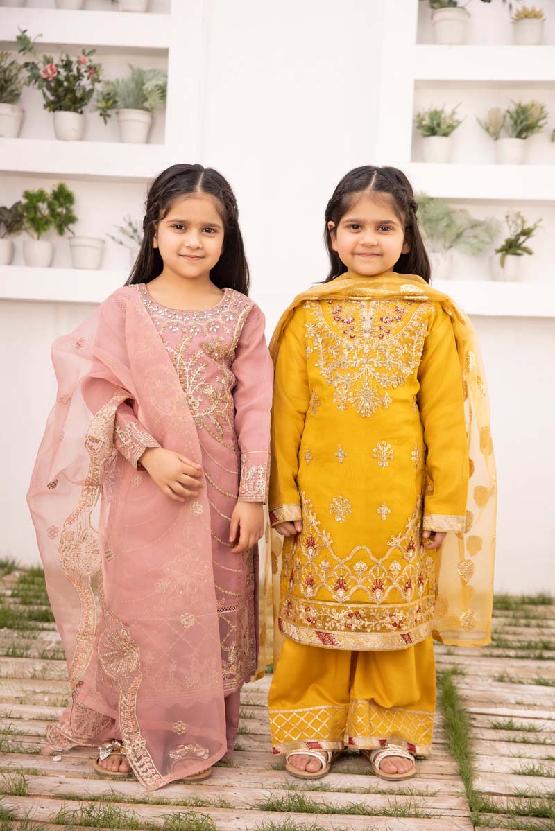 Simrans Organza Mummy & Me Kids Eid suit Mustard - Desi Posh