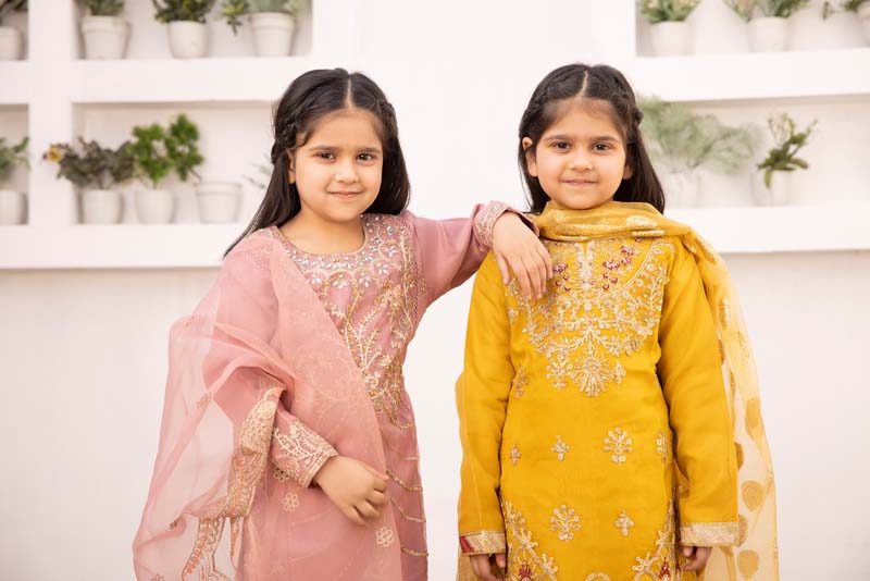 Simrans Organza Mummy & Me Kids Eid suit Mustard - Desi Posh