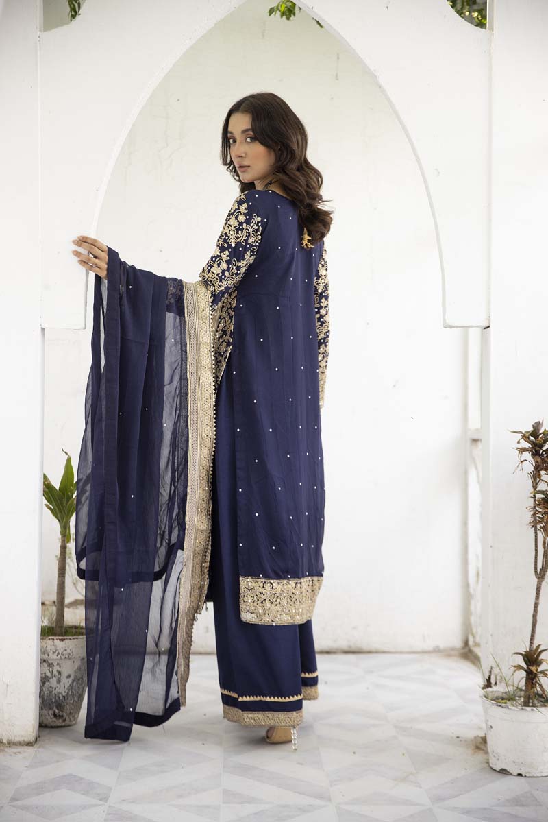 Haris Shakeel Inspired Fully Embroidered Navy Blue 3 Piece Palazzo Outfit - Desi Posh