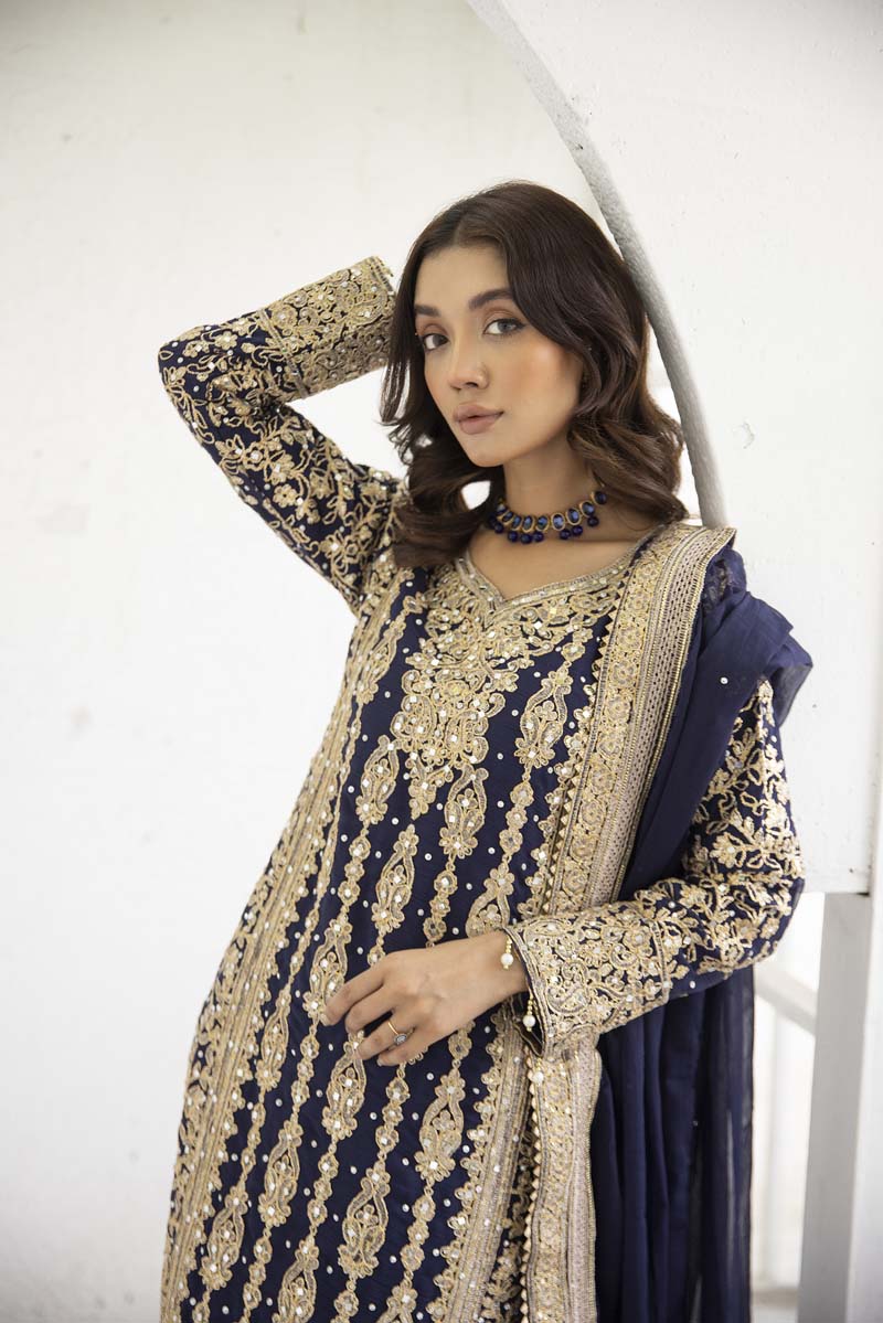 Haris Shakeel Inspired Fully Embroidered Navy Blue 3 Piece Palazzo Outfit - Desi Posh