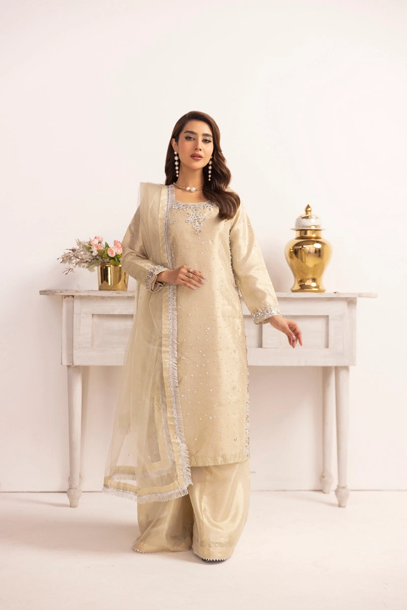 Hussain Rehar Inspired Raw Silk 3 Piece Metallic Gold Outfit