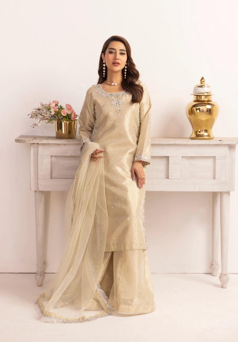 Hussain Rehar Inspired Raw Silk 3 Piece Metallic Gold Outfit