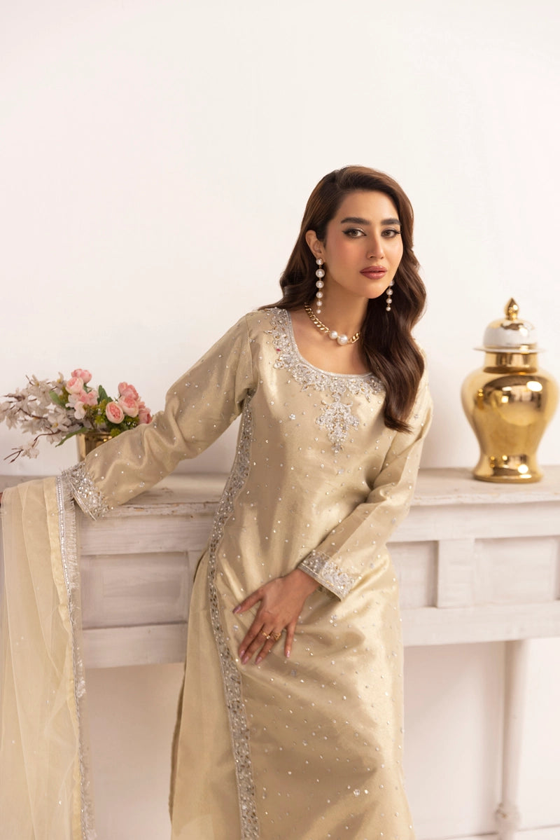 Hussain Rehar Inspired Raw Silk 3 Piece Metallic Gold Outfit