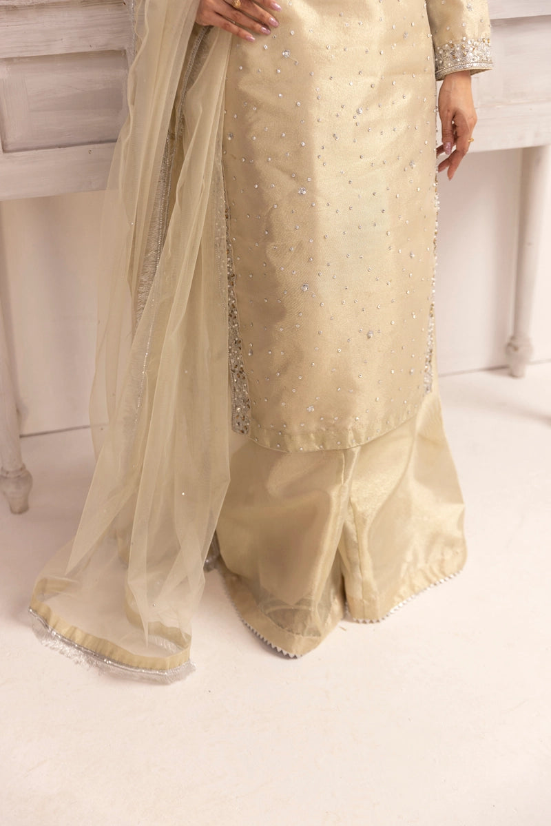 Hussain Rehar Inspired Raw Silk 3 Piece Metallic Gold Outfit