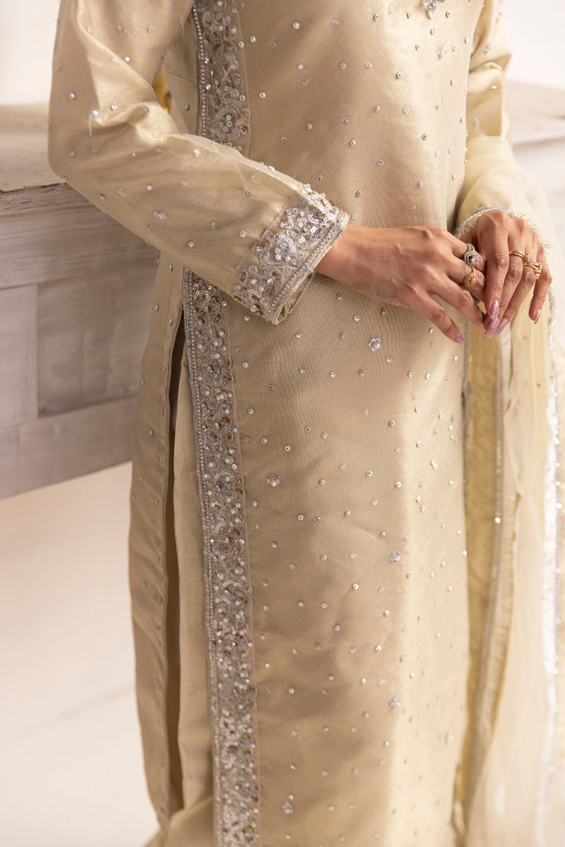 Hussain Rehar Inspired Raw Silk 3 Piece Metallic Gold Outfit