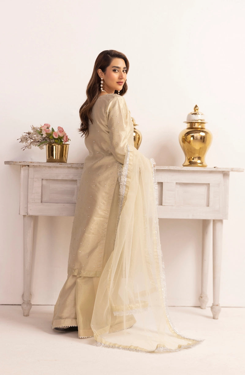 Hussain Rehar Inspired Raw Silk 3 Piece Metallic Gold Outfit