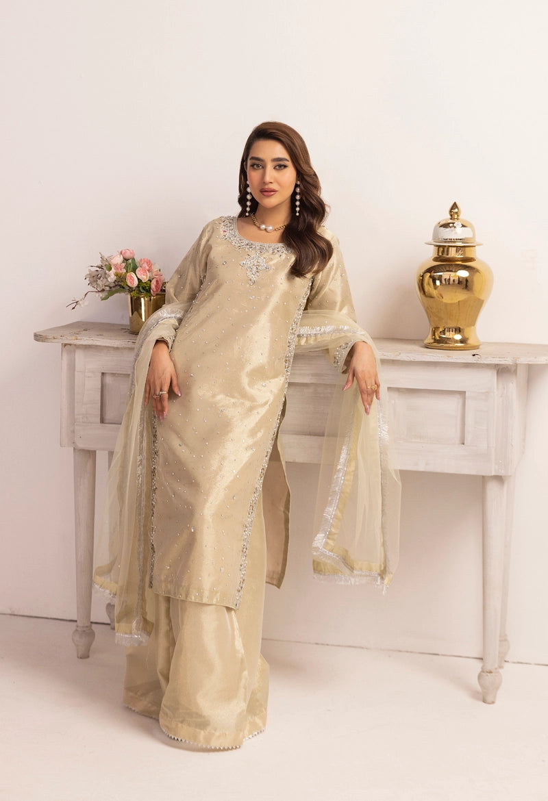 Hussain Rehar Inspired Raw Silk 3 Piece Metallic Gold Outfit