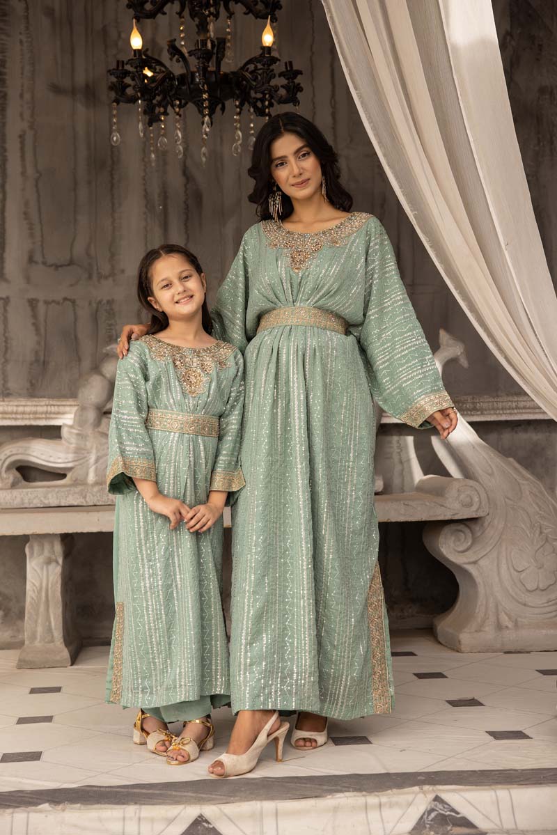 Jeem Mummy & Me Girls Green 3 Piece Wedding Kaftan