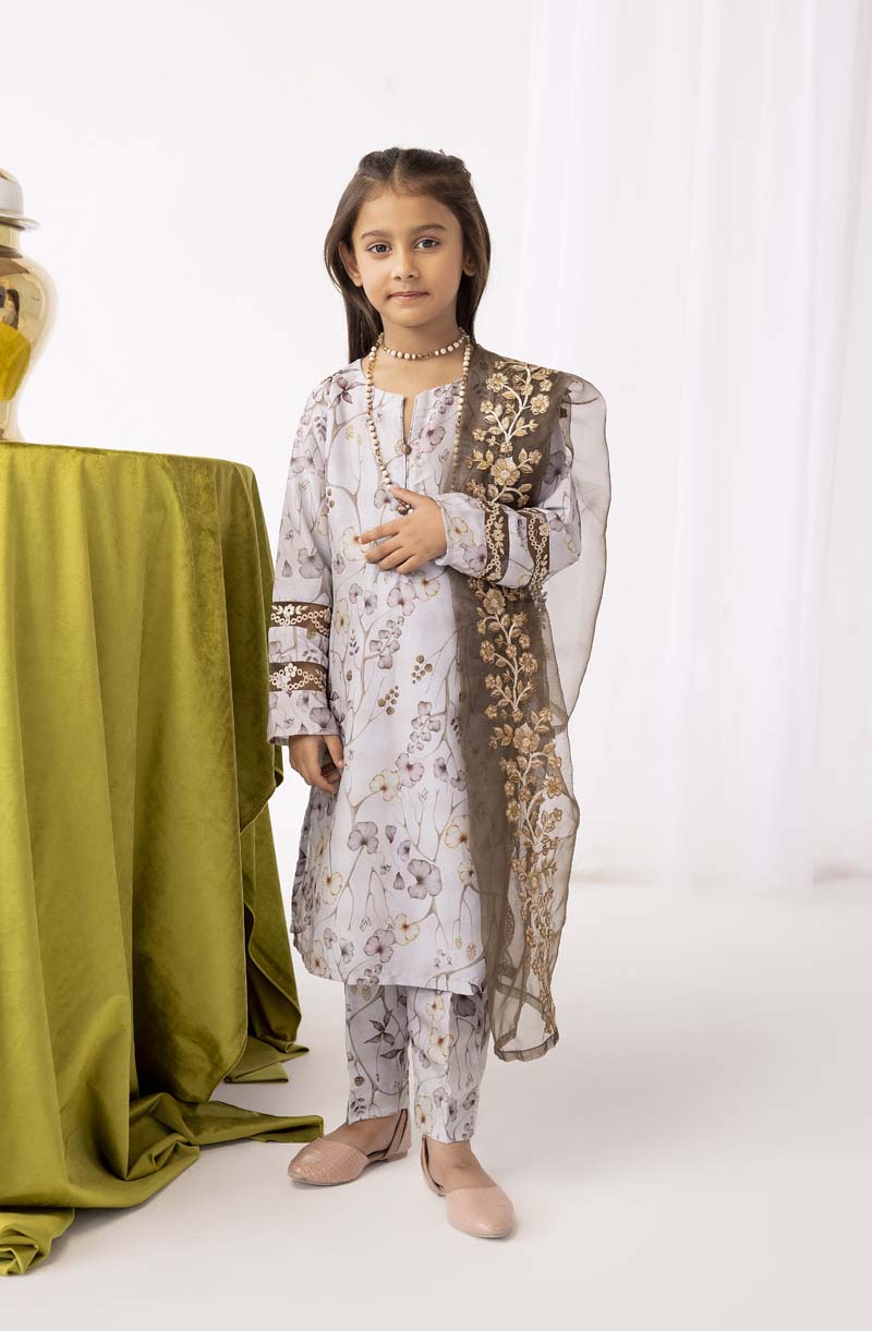 Mohagni Designer Mummy & Me Kids 3 Piece Lawn Outfit Grey - Desi Posh