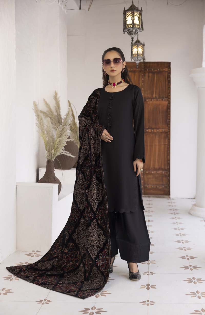 Jaan 3 Piece Dhanak Linen Suit with Fully Embroidered Velvet Shawl Black