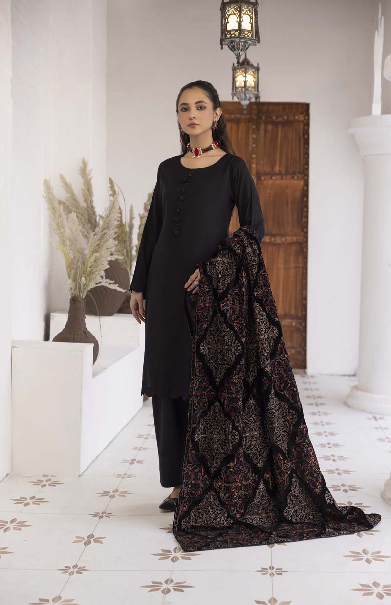 Jaan 3 Piece Dhanak Linen Suit with Fully Embroidered Velvet Shawl Black