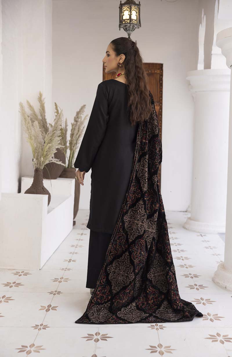 Jaan 3 Piece Dhanak Linen Suit with Fully Embroidered Velvet Shawl Black