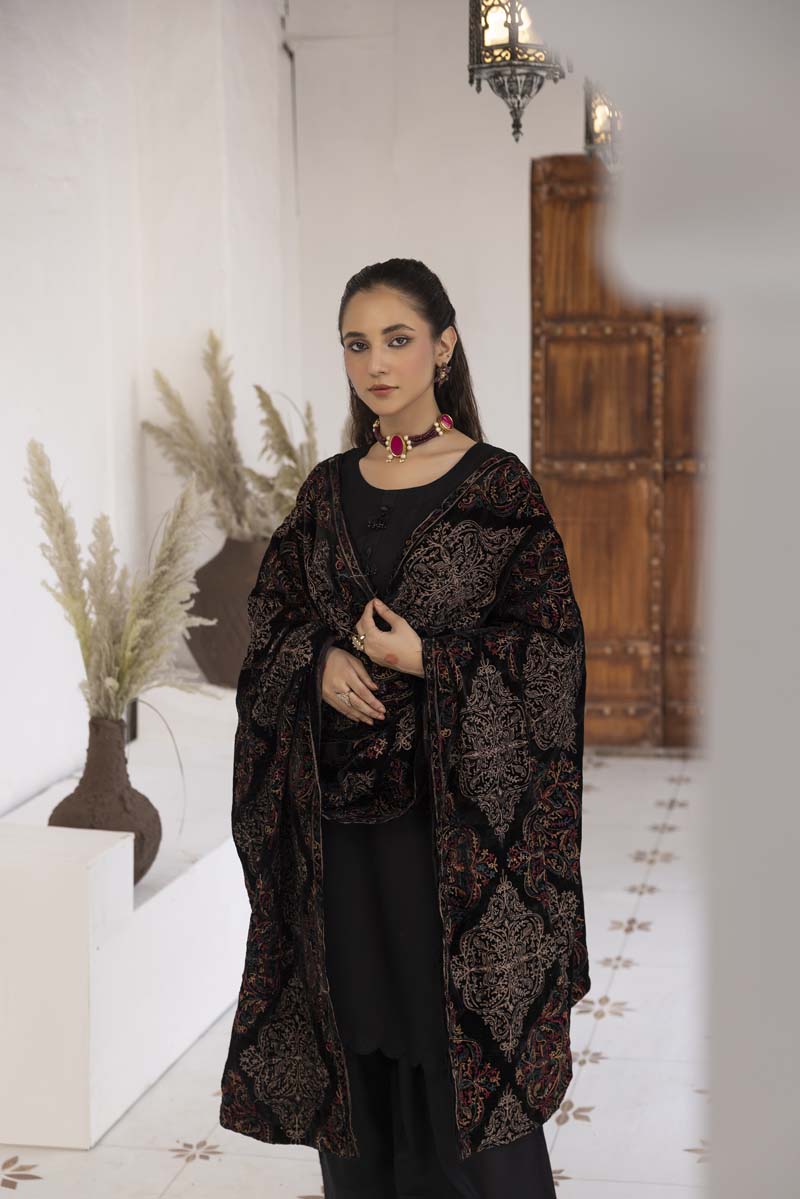 Jaan 3 Piece Dhanak Linen Suit with Fully Embroidered Velvet Shawl Black