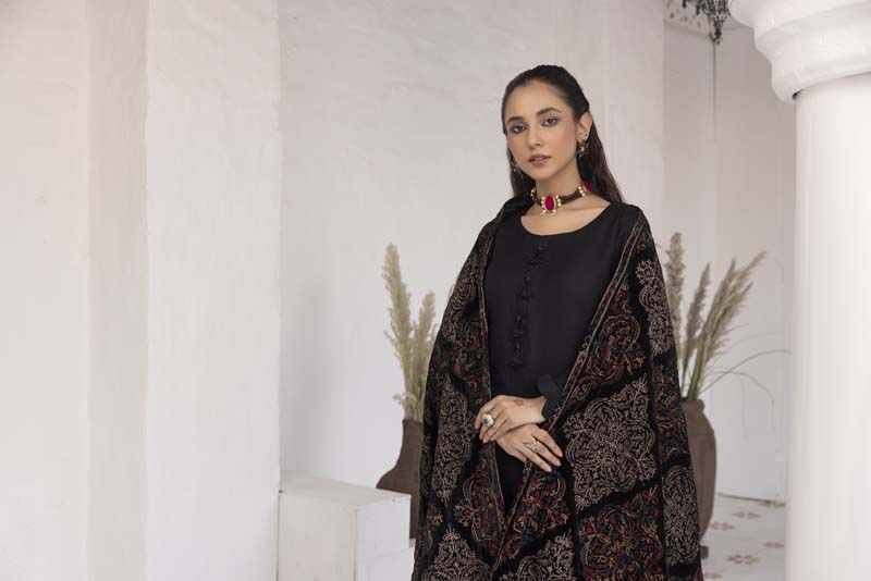 Jaan 3 Piece Dhanak Linen Suit with Fully Embroidered Velvet Shawl Black