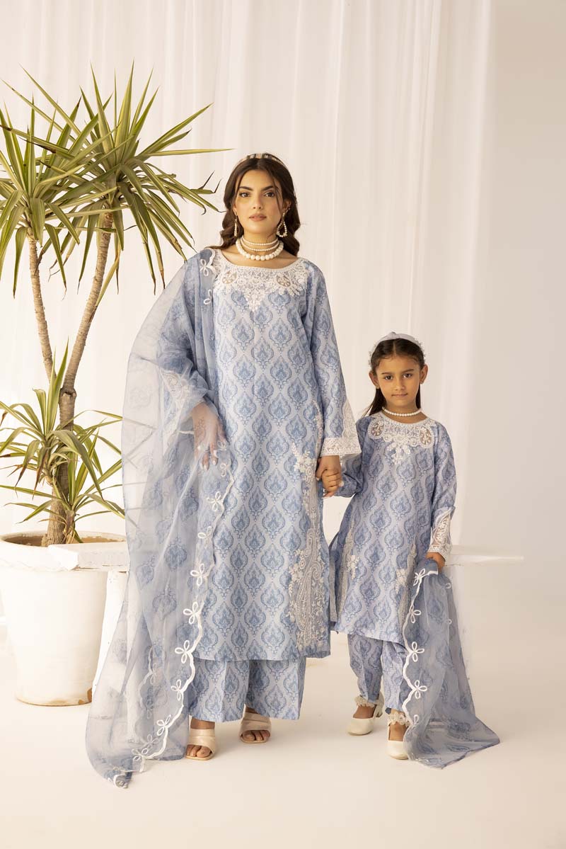 Mohagni Designer Mummy & Me Kids 3 Piece Lawn Outfit Blue - Desi Posh