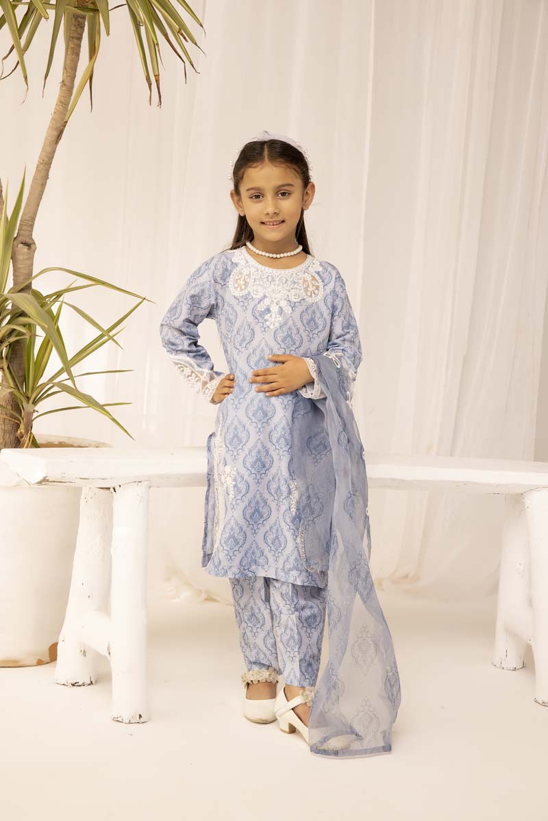 Mohagni Designer Mummy & Me Kids 3 Piece Lawn Outfit Blue - Desi Posh