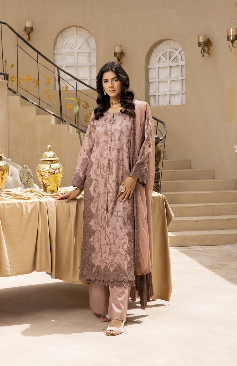 Malikah Mauve Embroidered Lawn 3 Piece Suit With Embroidered Chiffon Dupatta