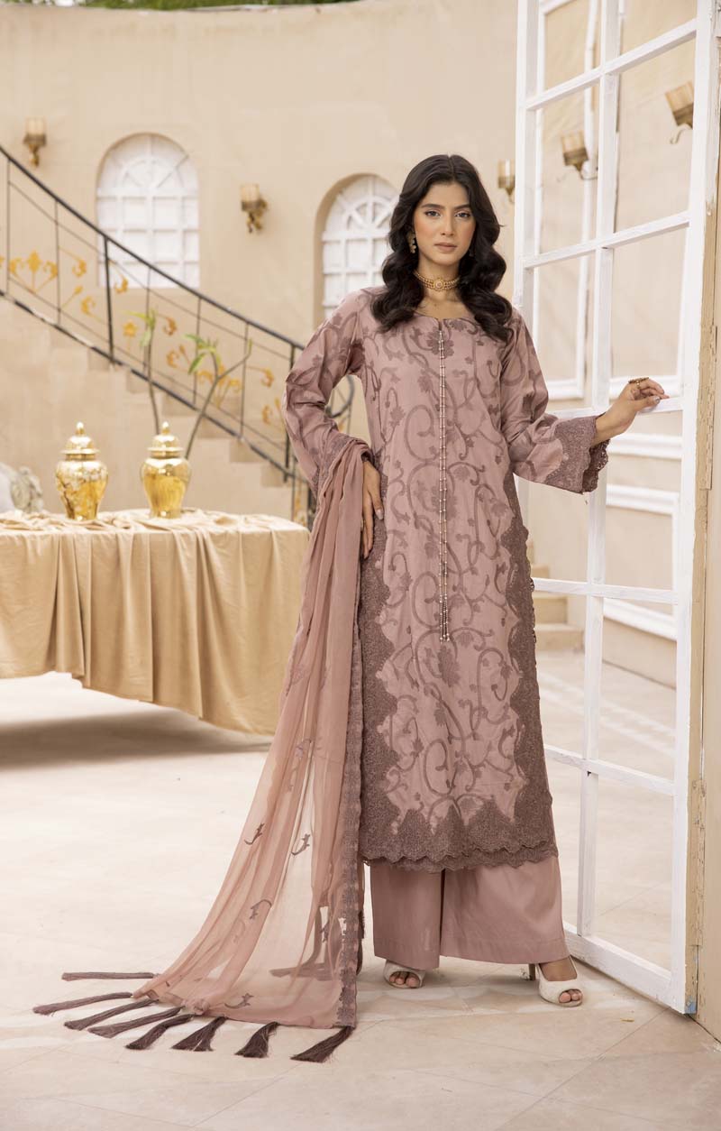 Malikah Mauve Embroidered Lawn 3 Piece Suit With Embroidered Chiffon Dupatta