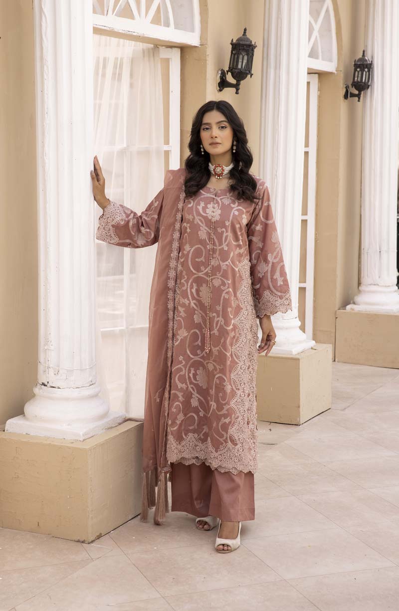 Malikah Pink Embroidered Lawn 3 Piece Suit With Embroidered Chiffon Dupatta