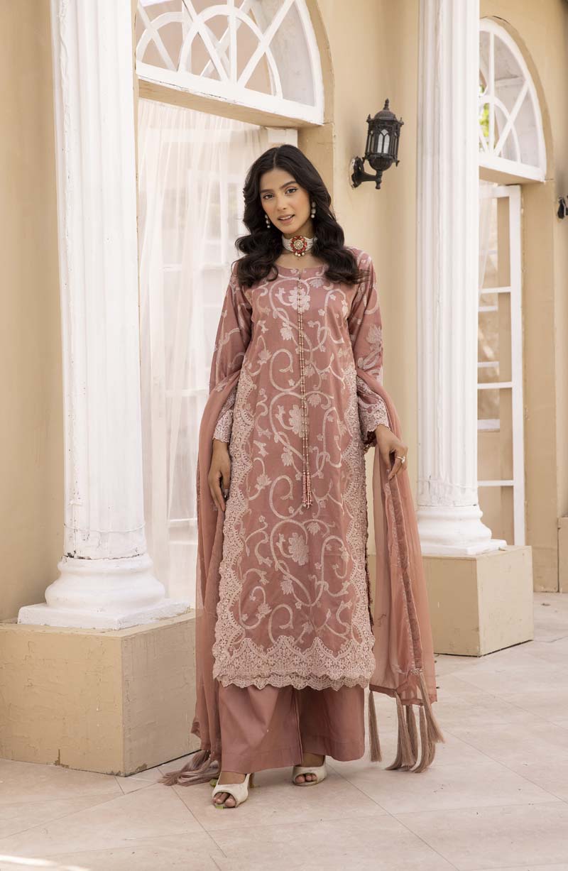 Malikah Pink Embroidered Lawn 3 Piece Suit With Embroidered Chiffon Dupatta