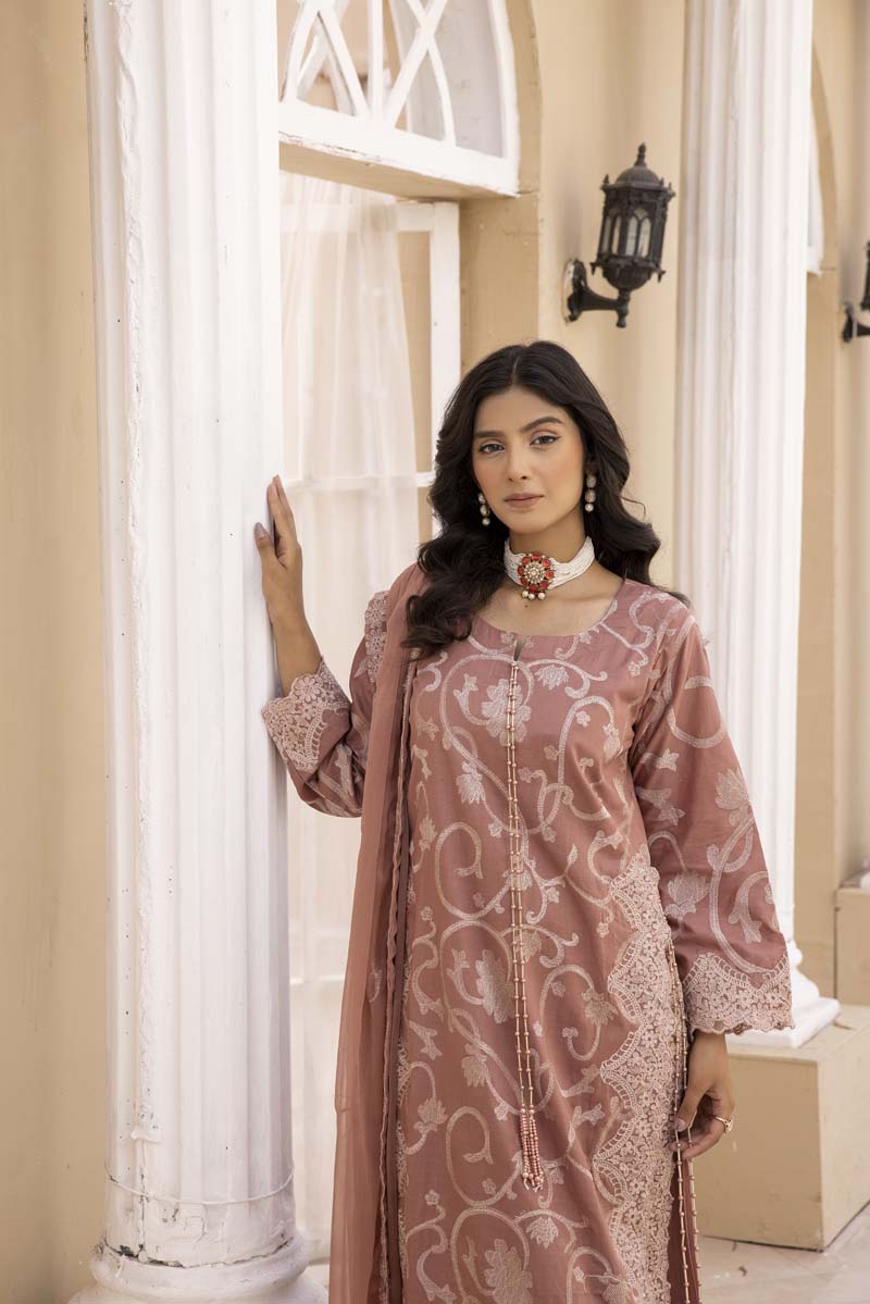 Malikah Pink Embroidered Lawn 3 Piece Suit With Embroidered Chiffon Dupatta