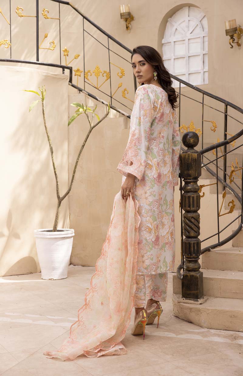 Ethnic Designer Ladies 3 Piece Peach Lawn Outfit with Embroidered Dupatta