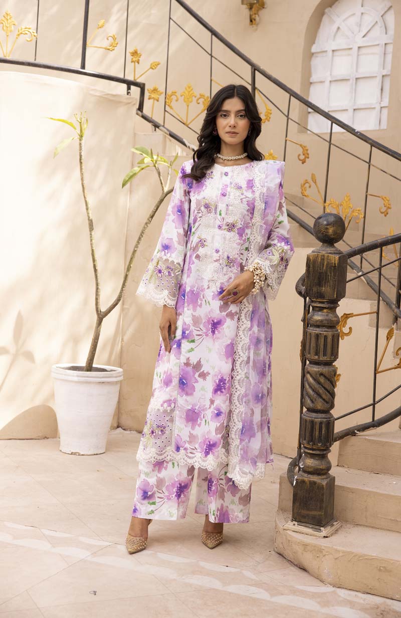 Ethnic Designer Ladies 3 Piece Lilac Lawn Outfit with Embroidered Dupatta