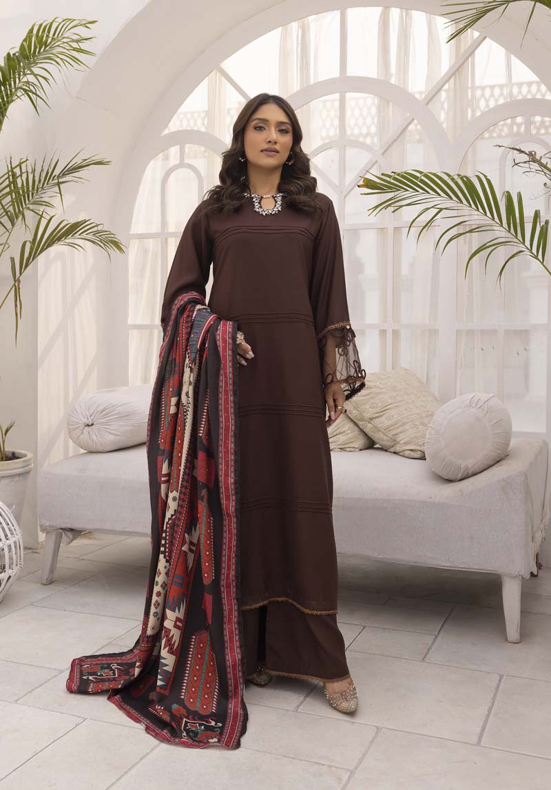 Nakhra 3 Piece Dhanak Linen Suit with Digital Wool Shawl DSS04