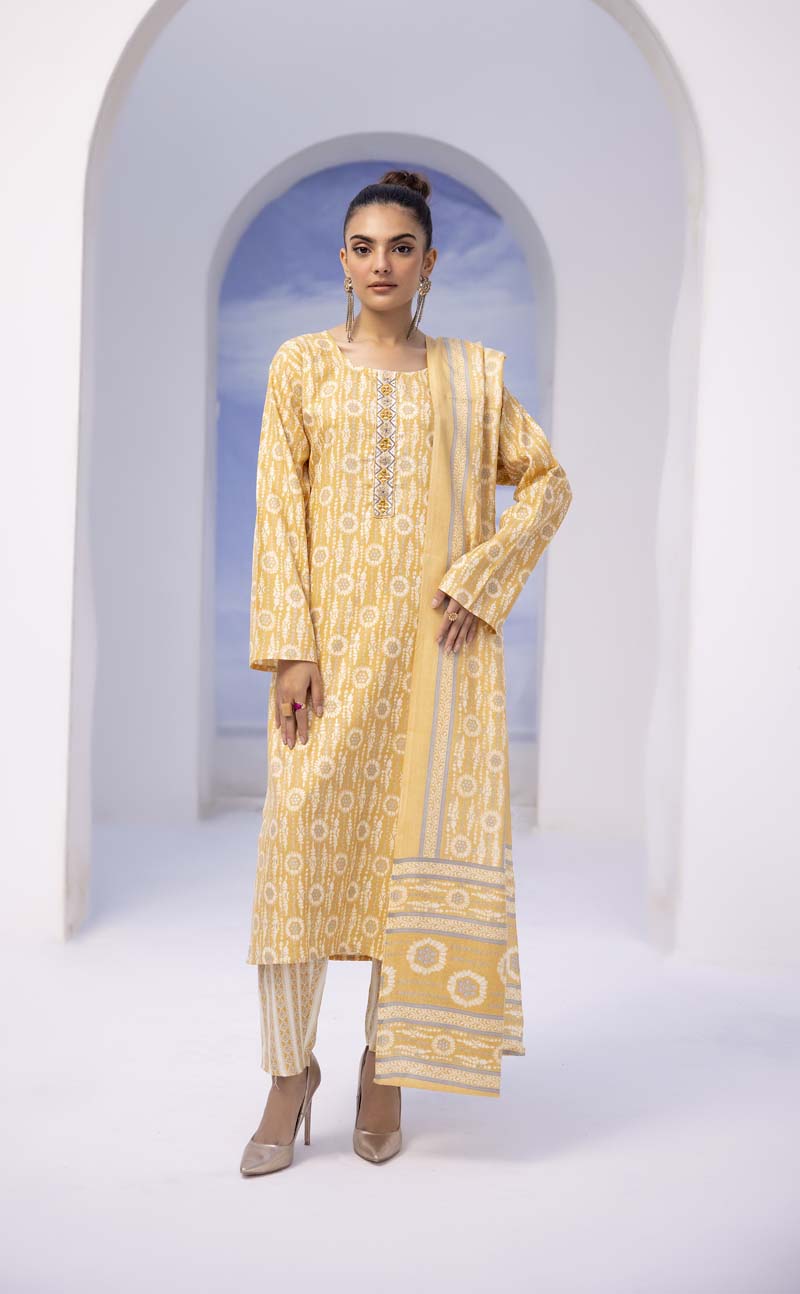 Ajrak Luxe 3 Piece Summer Cotton Lawn Outfit Yellow - Desi Posh