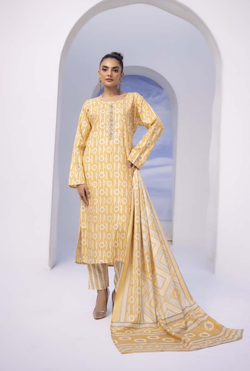 Ajrak Luxe 3 Piece Summer Cotton Lawn Outfit Yellow - Desi Posh