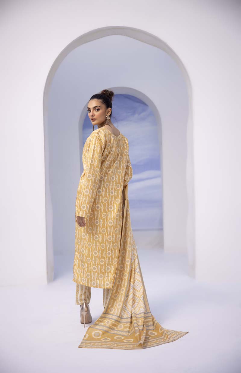 Ajrak Luxe 3 Piece Summer Cotton Lawn Outfit Yellow - Desi Posh