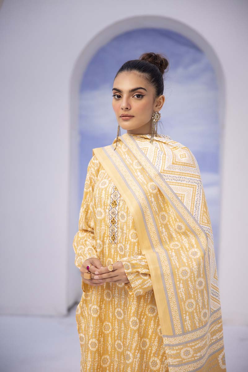 Ajrak Luxe 3 Piece Summer Cotton Lawn Outfit Yellow - Desi Posh