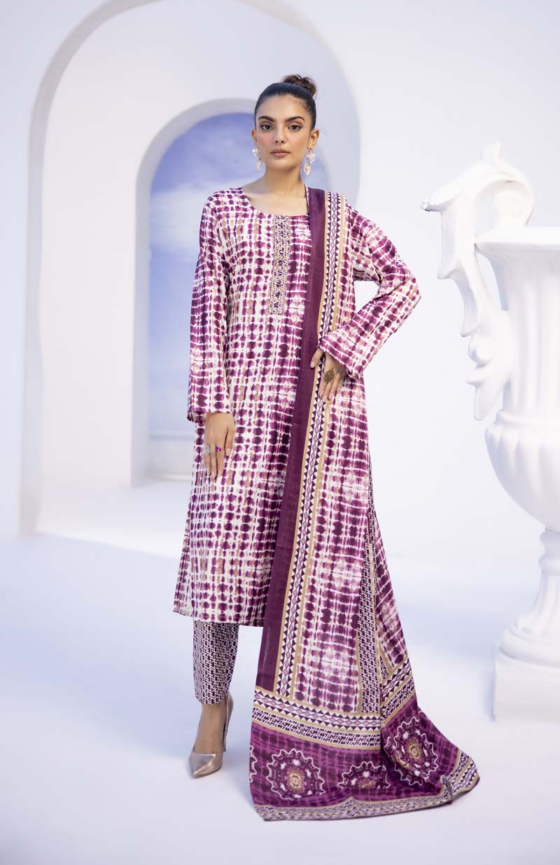 Ajrak Luxe 3 Piece Summer Cotton Lawn Outfit Dark Plum - Desi Posh