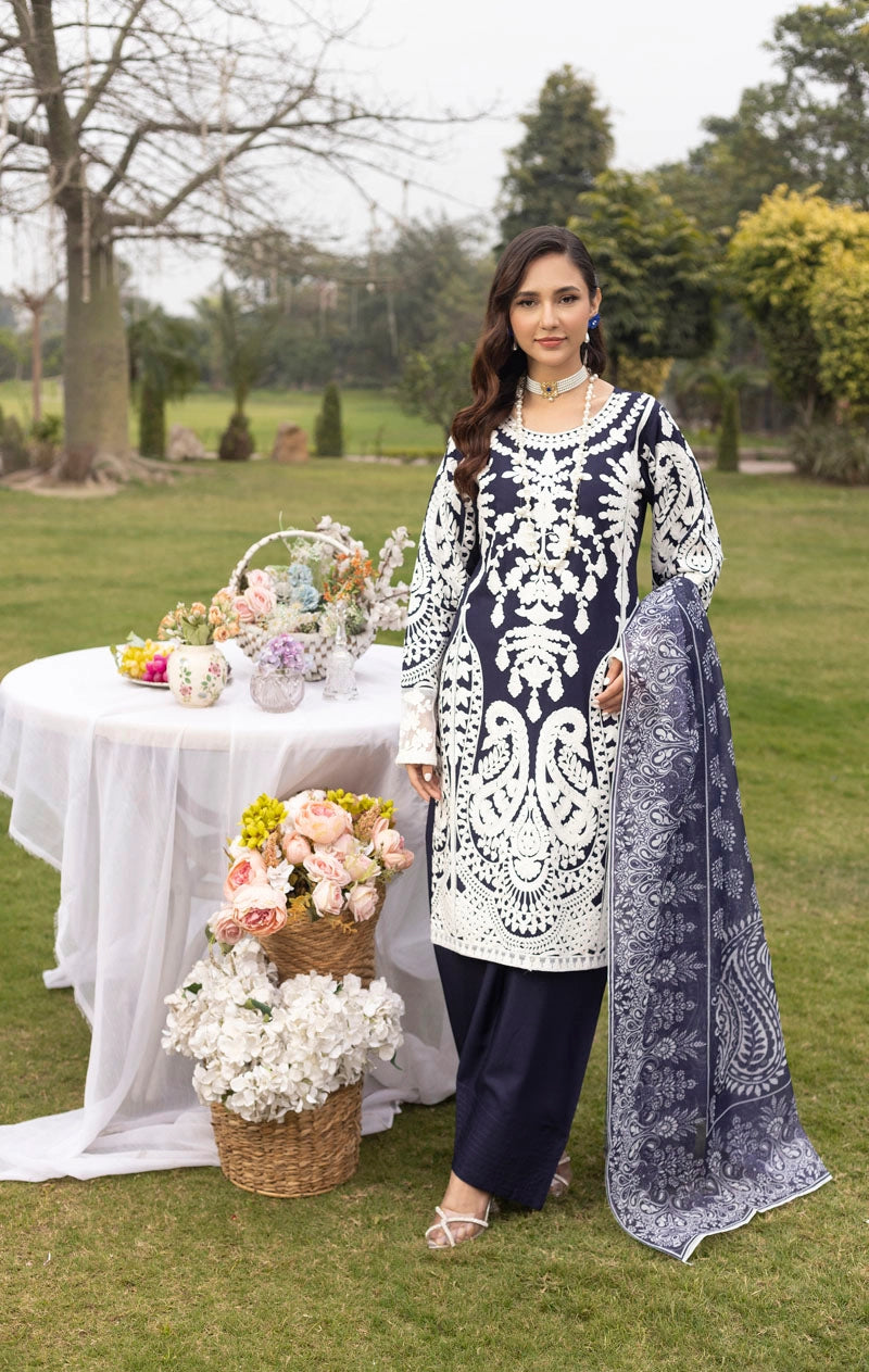 Jannat Farshi Salwar Ladies Linen Midnight Blue Embroidered Eid Outfit