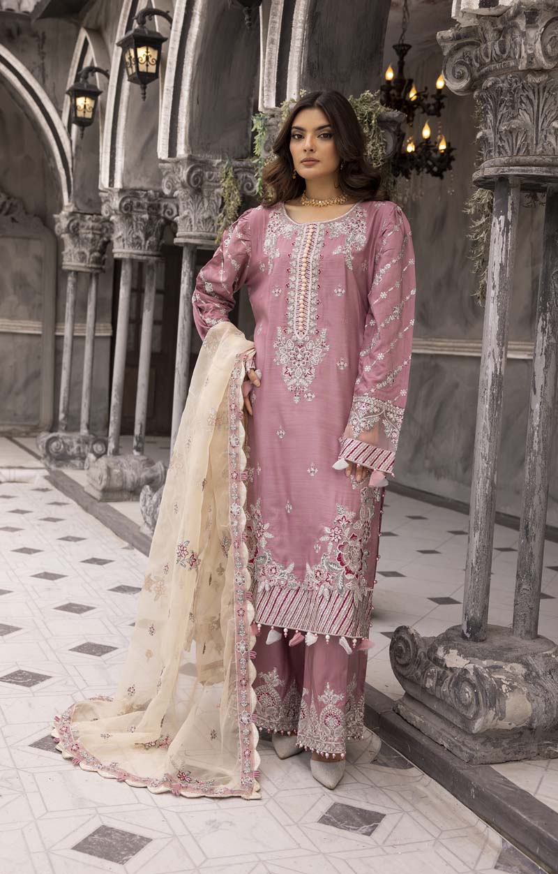 Maria B inspired Pink Viscose Embroidered Palazzo Eid Outfit 2419P - Desi Posh