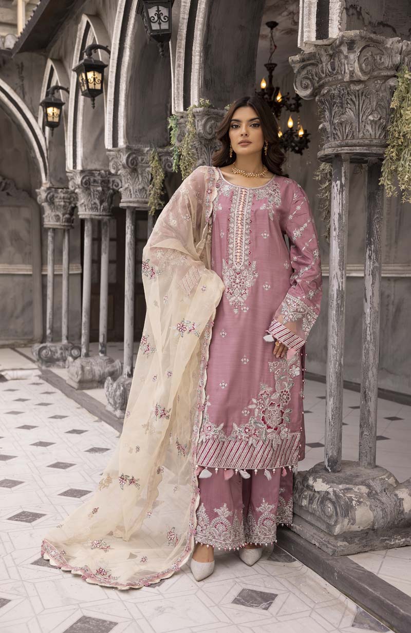 Maria B inspired Pink Viscose Embroidered Palazzo Eid Outfit 2419P - Desi Posh