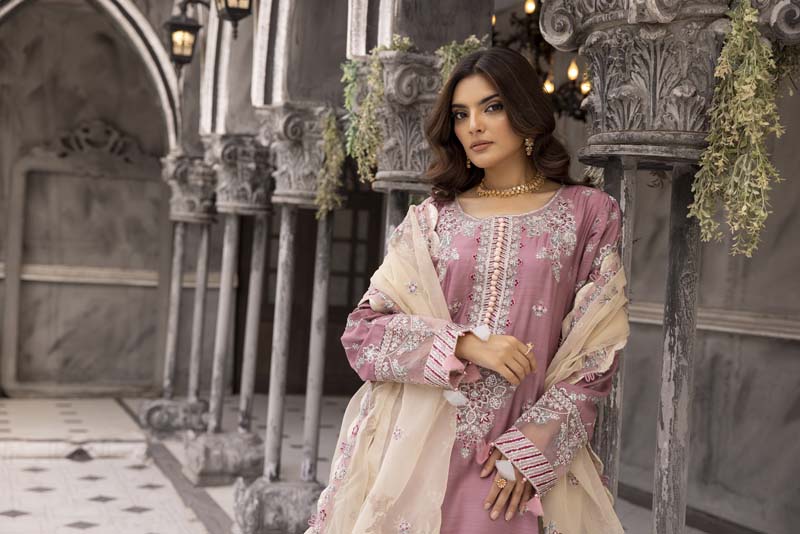 Maria B inspired Pink Viscose Embroidered Palazzo Eid Outfit 2419P - Desi Posh