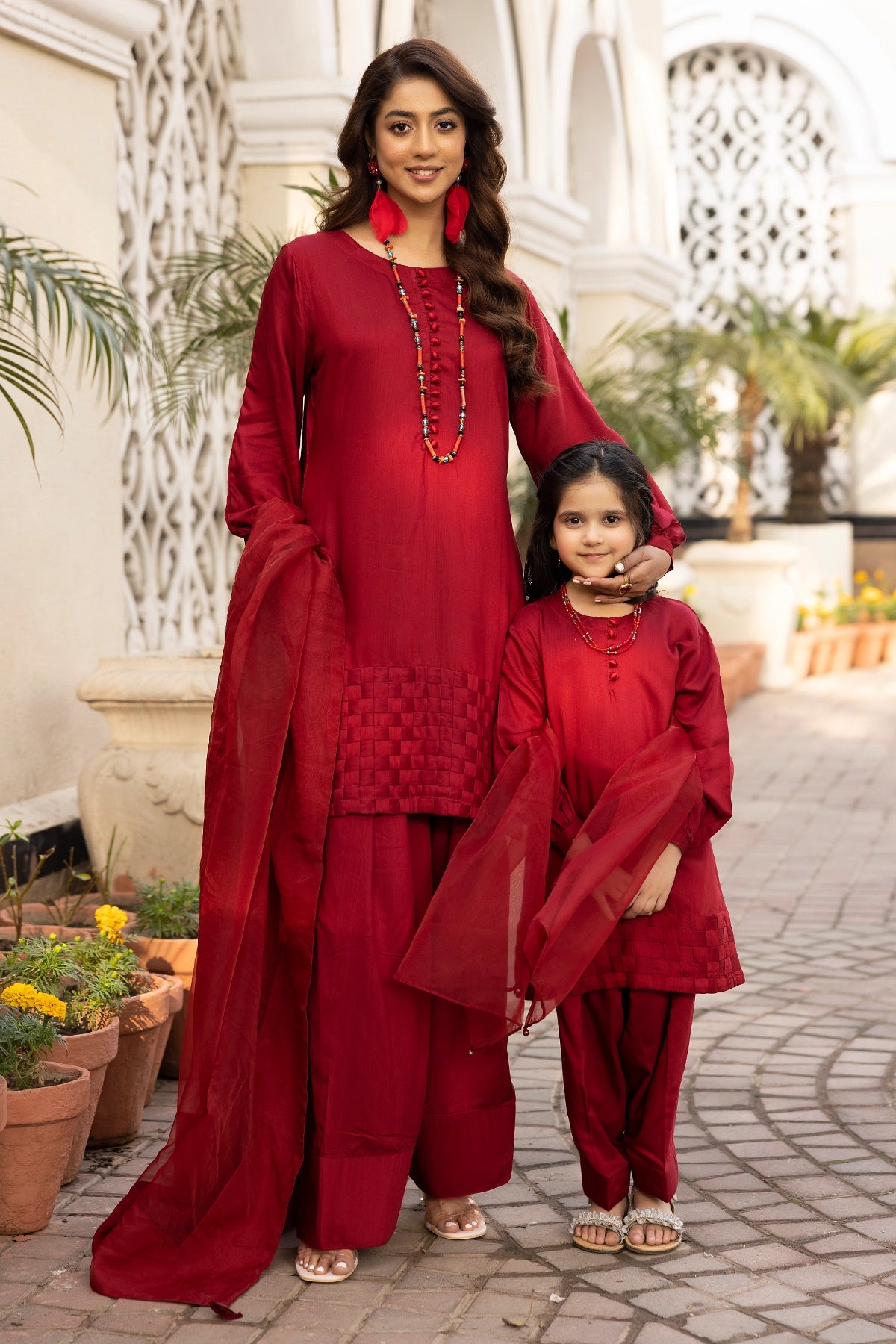 Hussain Rehar inspired Farshi Mummy & Me Girls Maroon Eid Outfit