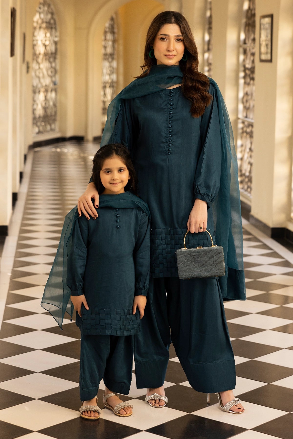 Hussain Rehar inspired Farshi Mummy & Me Girls Teal Eid Outfit