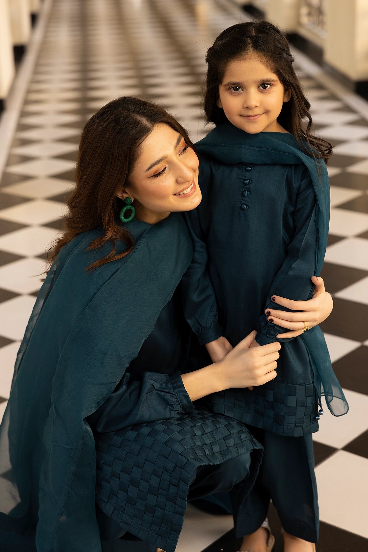 Hussain Rehar inspired Farshi Mummy & Me Girls Teal Eid Outfit