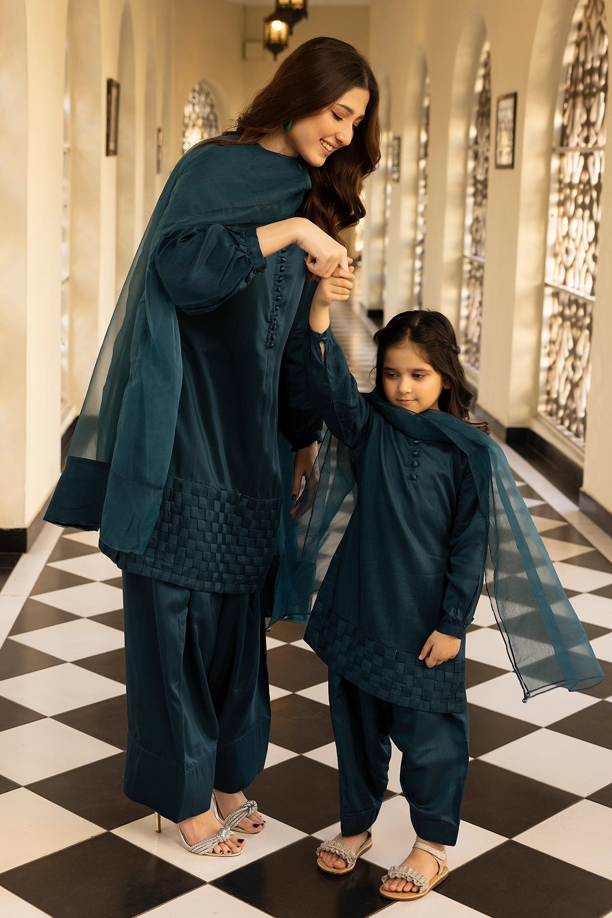 Hussain Rehar inspired Farshi Mummy & Me Girls Teal Eid Outfit