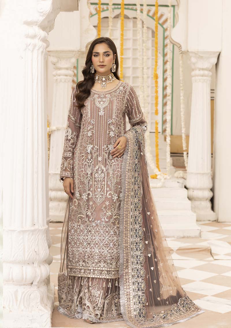 Imrozia Premium Inspired Embroidered Pink 3 Piece Wedding Sharara Outfit