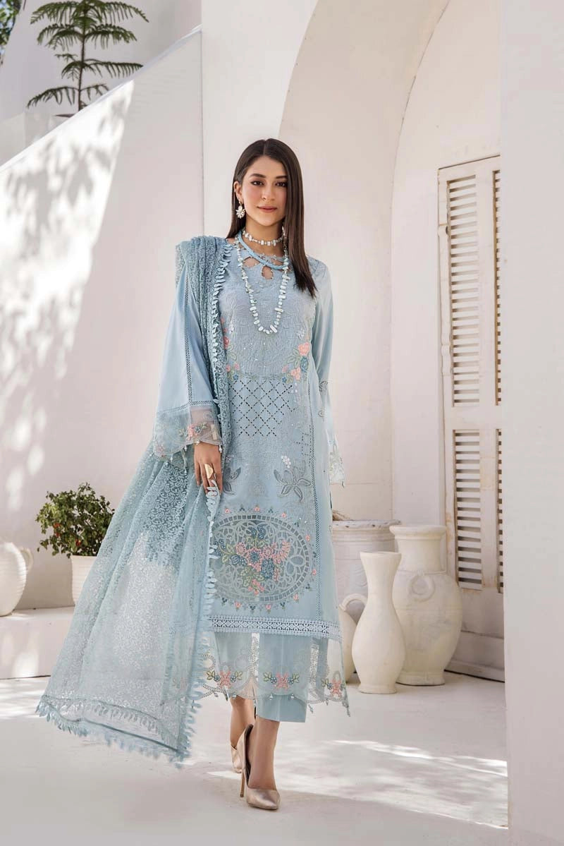 Maria B Inspired Chikan Embroidered Blue 3 Piece Outfit With Barocia Dupatta