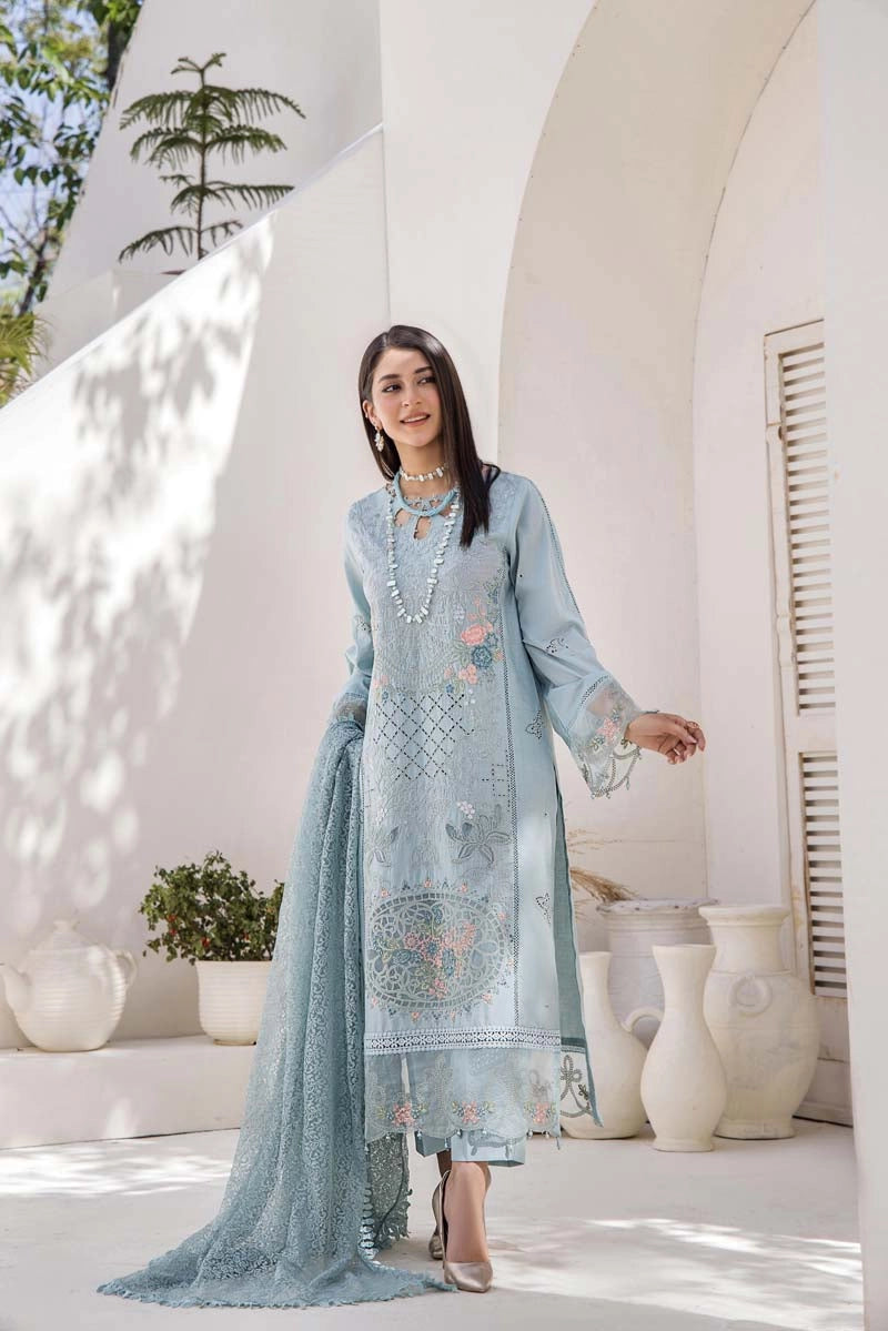 Maria B Inspired Chikan Embroidered Blue 3 Piece Outfit With Barocia Dupatta